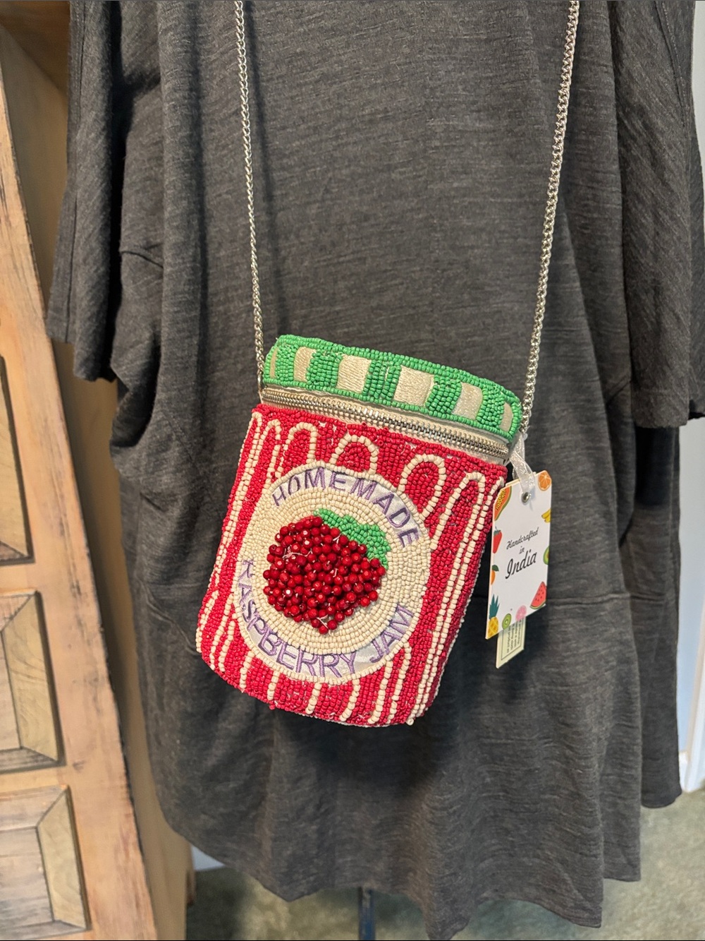 Made in India Hand-Beaded Raspberry Jam Red & Green CrossbodyBag